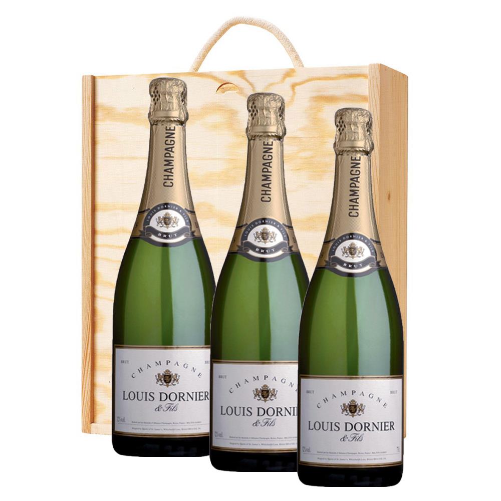 3 x Louis Dornier and Fils Brut Champagne 75cl In A Pine Wooden Gift Box